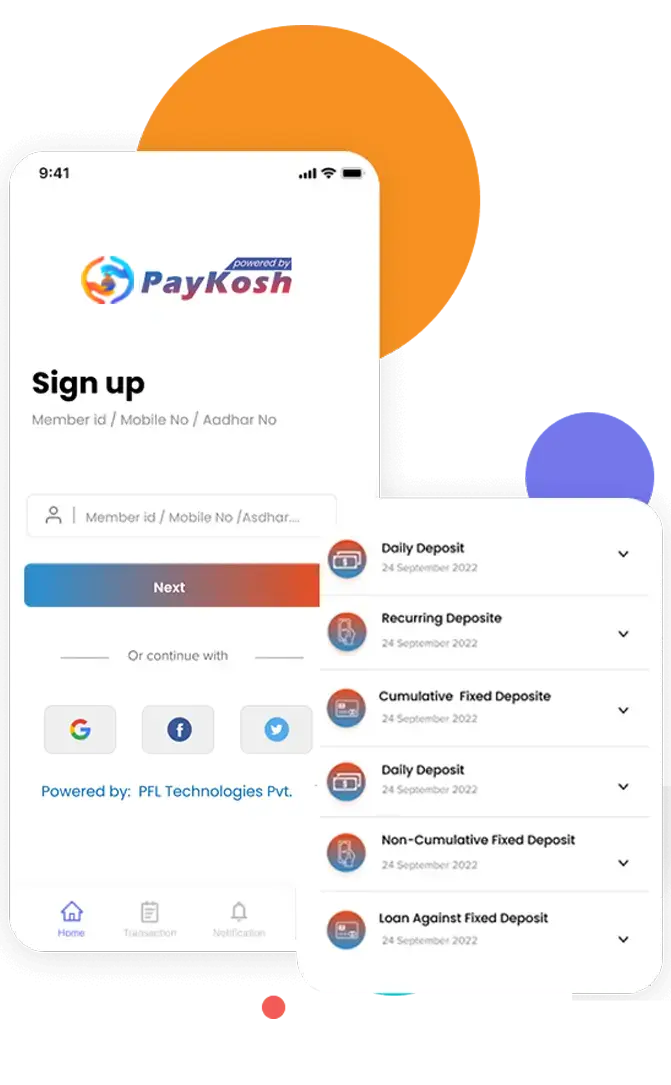 Mobile App Screen and Deposits Page, Paykosh Sign up with member id, mobile number or Aadhaar Number on Mobile App 